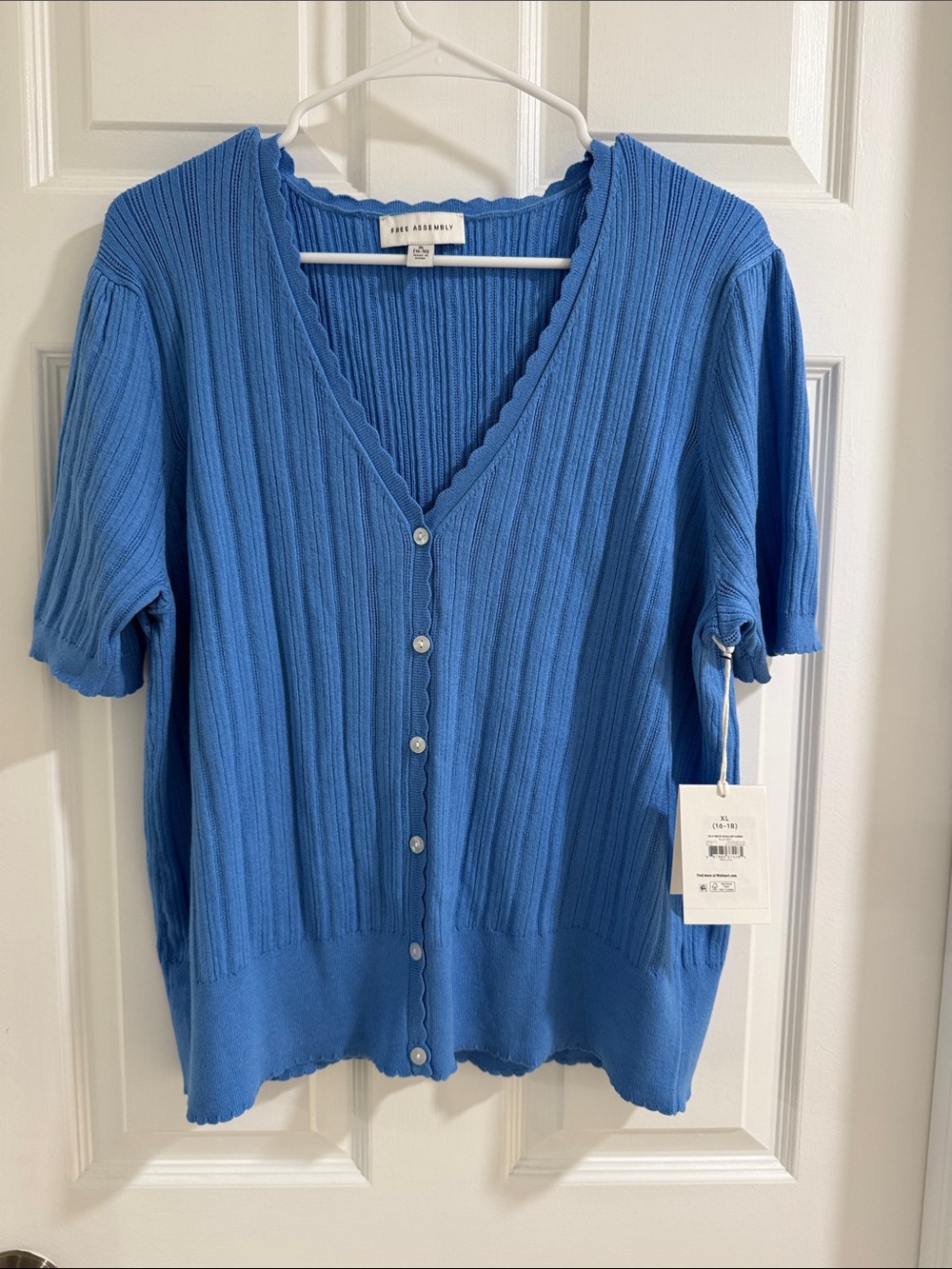 Blue Ribbed Short-Sleeve Button Cardigan - Free Assembly